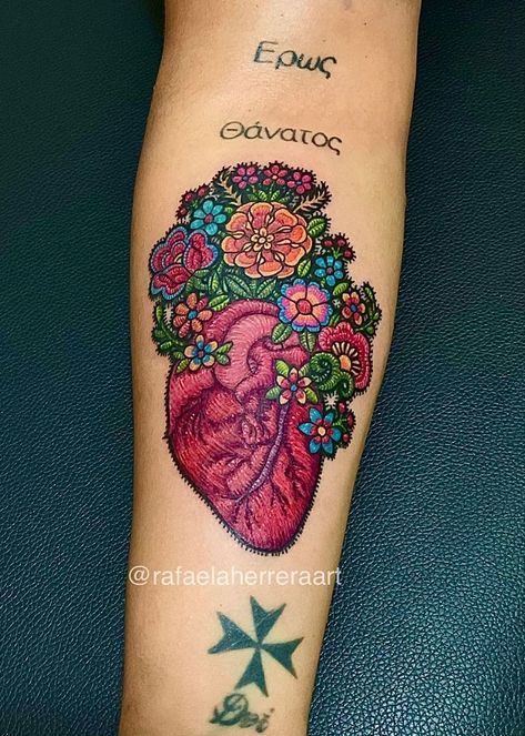 Mexican Patch Tattoo, Colored Heart Tattoo Designs, Sleeve Tattoos For Women Mexican, Mexican Patchwork Tattoo, Latinx Inspired Tattoos, Mexican Roots Tattoo, Mexican Aesthetic Tattoo, Mexican Family Tattoo Ideas, Frida Heart Tattoo