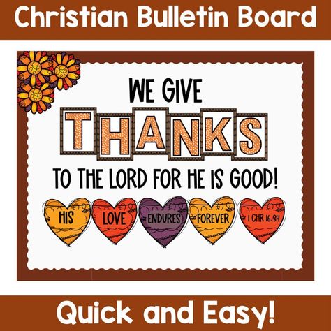 Fall Thanksgiving Bulletin Board: We Give Thanks to the Lord: Are you looking for an easy-to-assemble Fall Thanksgiving Christian bulletin board or door/hallway display? This board is perfect for the Christian classroom in October and November. Included: Everything is provided except for the background paper. A brown border is included in case yours (like mine) looks a little tired. Print only the number that you need. All the letters and elements are formatted on 8.5 X 11 paper and included in 2 sizes. I get many compliments on this bulletin board. It is so easy to put up but it looks like you spent a lot of time on it. This also works well in a hallway, front office, or church. Check out the preview for a close look! Thanksgiving Church Bulletin Boards, Fall Church Bulletin Boards, Catholic Bulletin Boards, Thanksgiving Christian, Thanksgiving Bulletin Board, November Bulletin Boards, Door Hallway, Christian Classroom, Thanksgiving Bulletin Boards