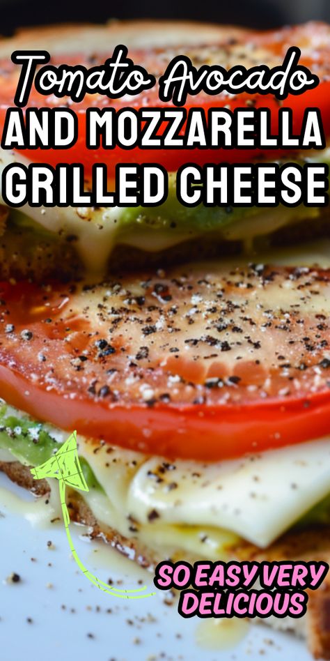 Tomato Avocado and Mozzarella Grilled Cheese Avocado Mozzarella Tomato Grilled Cheese, Grilled Cheese And Tomato Sandwich, Bbq Sandwich Recipe, Mozzarella Grilled Cheese, Tomato Sandwich Recipes, Beer Cheese Sauce, Gourmet Grilled Cheese, Hearty Snacks, Classic Grilled Cheese