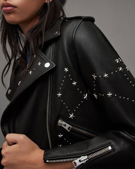 Balfern Stela Stud Leather Biker Jacket Black/Silver | ALLSAINTS US Womens Leather Biker Jacket, Studded Leather Jacket, Black Attire, Womens Biker Jacket, Diy Jacket, Classic Aesthetic, Iconic Style, Leather Biker Jacket, Leather Moto