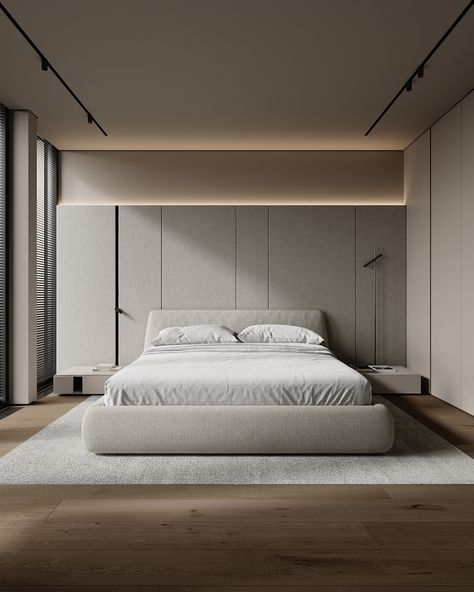 VI26 Apartment on Behance Bedroom Design Minimal, Minimal Bedroom Interior, Minimal Modern Bedroom, Minimal Bedroom Ideas, Minimal Bedroom Design, Futuristic Designs, Minimal Bedroom, Cama King, Smart Living