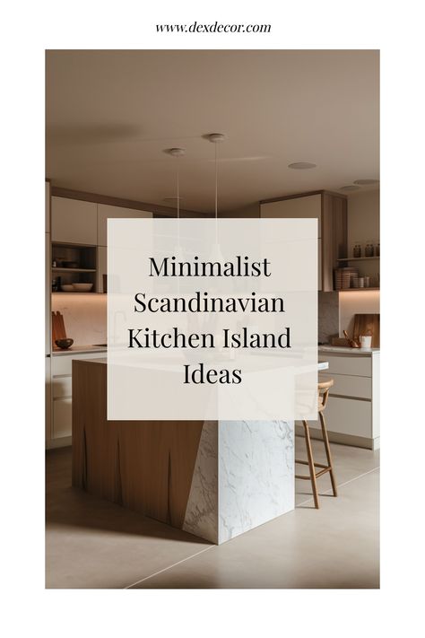 Minimalist Scandinavian kitchen with a marble kitchen island and warm wood accents. Scandinavian Kitchen Island Ideas, Scandinavian Kitchen Inspiration, Kitchen Inspiration Scandinavian, Hygge Kitchen Inspiration, Nordic Kitchen Inspirations, Warm Minimalist Kitchen, Scandi Kitchen Design, Minimalist Scandinavian Kitchen, Scandinavian Kitchen Island