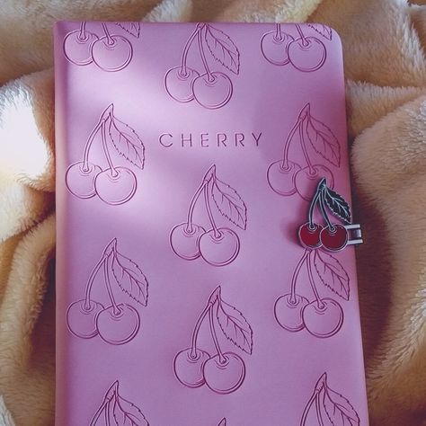 #cherry #notebook #aesthetic Diary Notebook Aesthetic, Mini Notebook Aesthetic, Aesthetic Diary Cover, Pink Notebook Aesthetic, Cherry Notebook, Notebook Aesthetic Cover, Dream Notebook, Notebook Aesthetic, Zipper Binder