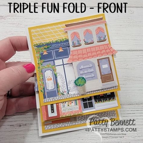 Stampin\' UP! Les Shoppes paper on a Triple Fun Fold card by Patty Bennett Patty Bennett, Farm Fun, Free Stamps, Flip Cards, Bone Folder, Interactive Cards, Designer Paper, Fold Cards, Bright Patterns