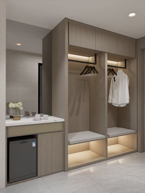 Wardrobe without doors in hotel guestroom Wardrobe Design For Hotel Room, Hotel Room Closet Design, Hotel Cabinet Design, Hotel Room Cupboard Design, Hotel Room Furniture Design, Hotel Closet Wardrobes, Hotel Wardrobe Design Closet, Hotel Room Wardrobe Design, Hotel Closet Design