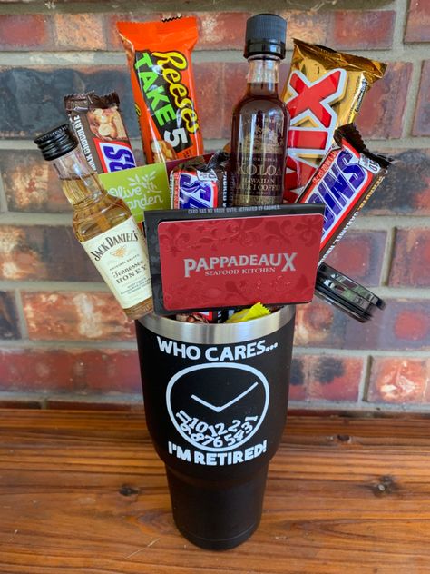 Retirement Gift Basket Ideas For Men, Retirement Gift Basket For Men, Retirement Tumbler Ideas, Retirement Baskets For Men, Small Liquor Bottles Gift Ideas, Retirement Gift Basket Ideas, Small Liquor Bottles, Retirement Gift Ideas For Men, Retirement Gifts Diy