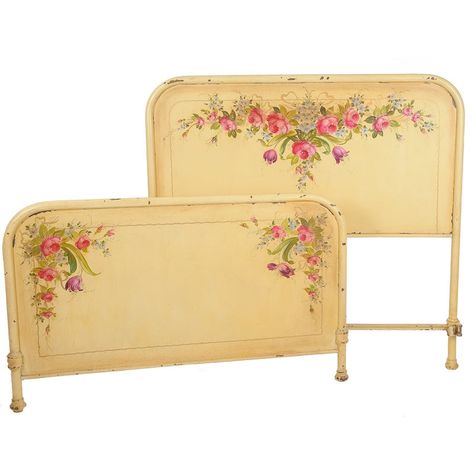 Sweet, sweet, sweet.  What young girl would not like this French bed with handprinted garlands of flowers and bows? Maize color frame with lovely pastel palette. Side rails are included. The floral motif was painted by an artisan in France.    Bed: 72" x 48"  Headboard height:  42.5" Footboard height: 30.5" Shabby Chic Girls Bedroom, Painted Headboard, Antique Iron Beds, Home Decor Ideas Bedroom, Painted Beds, Single Size Bed, Lata Vintage, Decor Ideas Bedroom, French Bed