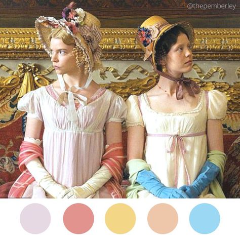 Emma (2020) color palette of Emma Woodhouse and Harriet Smith Emma Movie, Regency Aesthetic, Emma 2020, Emma. 2020, Emma Woodhouse, Damien Chazelle, Emma Jane Austen, Film Trailer, Regency Era Fashion