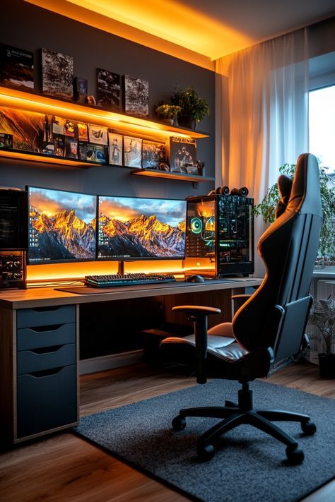 Pc Desk Ideas Small Spaces, Secret Lab Magnus Desk, Gaming Desk Design, Cool Pc Setups, Pc Gaming Room Setup, Gamer Office Ideas, Game Room Interior Design, Gaming Room Interior, Gaming Pc Desk Setup