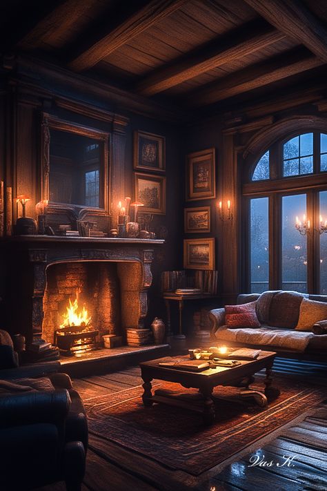 Fireplace In Dark Room, Attic Fireplace, Drake Mansion, Dark Cottagecore Living Room, 1900s House, Cosy Bedrooms, Academia House, Cottagecore Living Room, Library With Fireplace