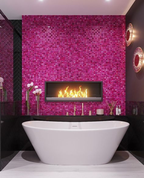 Bright Tiles Bathroom, Fuschia Bathroom, Pink Black Living Room, Dark Pink Bathroom, Pink Bathroom Tile, Restaurant Board, Hot Pink Bathroom, Vibrant Bathroom, Girl Bathroom