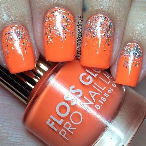 Orange nails with silver hexagon glitter! Silver Orange Nails, Orange Nail Color Ideas, Orange Glitter Nails Acrylic, Orange And Glitter Nails, Orange And Silver Nails, Orange Sparkle Nails, Orange Nails With Glitter, Light Orange Nails, Orange Glitter Nails