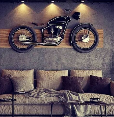 Motorcycle Decor Interior Design, Unique Man Cave Ideas, Shoe Lace Pattern, Pub Design, Automotive Furniture, Car Furniture, Wall Texture Design, Automotive Decor, Bar Design Restaurant