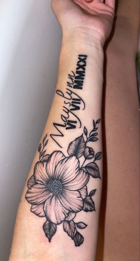 Roman Numeral Tattoo With Flowers, Name Flower Tattoo, Flower Cover Up Tattoos, Roman Numeral Tattoos, Flower Tattoo Arm, Flower Tattoo Sleeve, Zodiac Tattoos, Cover Up Tattoo, Tumbler Ideas