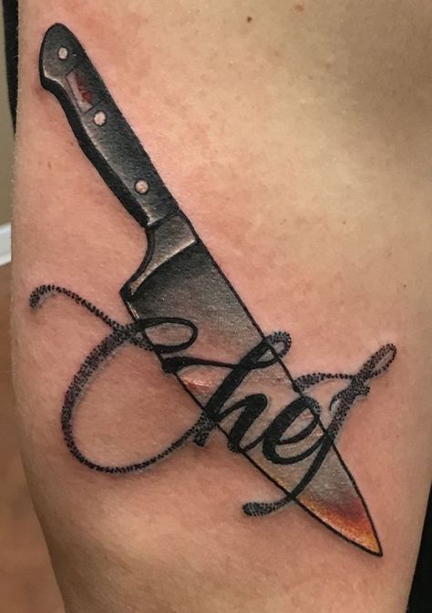 Culinary Tattoo Ideas, Chef Related Tattoos, Chef Knives Tattoo, Kitchen Knife Tattoo, Cooking Tattoo Ideas, Chef Knife Tattoo Design, Chefs Tattoo, Tattoos For Chefs Ideas, Chefs Knife Tattoo Design