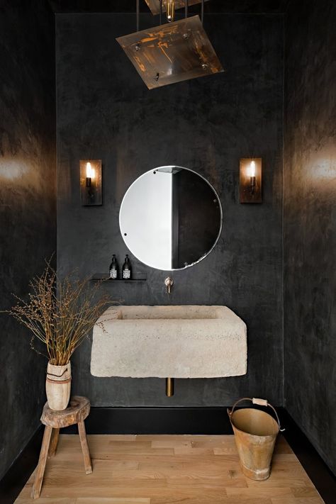 Our Work — Public 311 Design Organic Powder Room, Stone Sink Powder Room, Guest Bathroom Modern, Organic Bathroom Design, Modern Organic Bathroom, Black Powder Room, Organic Bathroom, Powder Bathroom, Banquet Seating