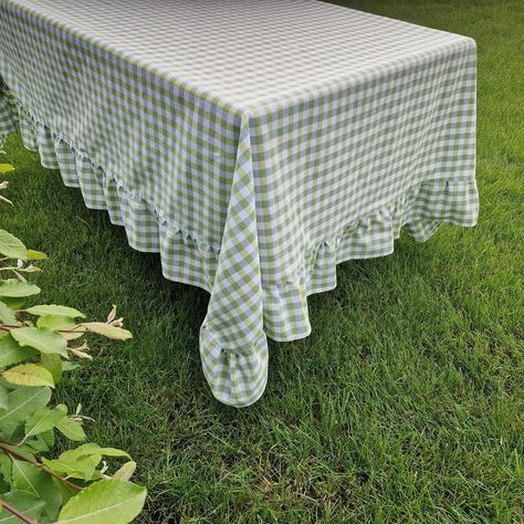 Gingham Ruffled Tablecloth Sage Green and White & 13 Other Colors, Custom Shape and Size Checkered Cotton Table Cloth, Rustic Cottage Decor by EledaHomeDecor on Etsy Green Checkered Tablecloth, Green Gingham Tablecloth, Cottage Elegance, Ruffled Tablecloth, Rustic Cottage Decor, Gingham Napkins, Ruffle Curtains, Gingham Tablecloth, Textile Recycling