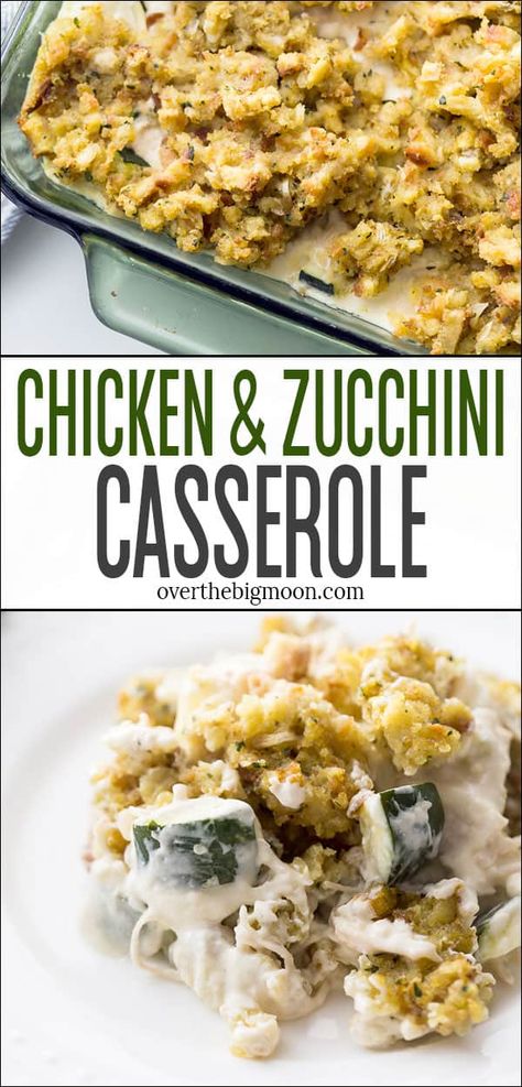 A delicious and quickly prepared dinner idea! This Chicken Zucchini Casserole is a delicious layered casserole that uses zucchini, chicken, stuffing, and cream of celery and sour cream-based sauce! This is the perfect way to use up all that zucchini that your garden is producing! From overthebigmoon.com ! #zucchinirecipes #chickenzucchinicasserole #zucchinidinner #easydinner #casseroles Zucchini Chicken, Chicken Zucchini Casserole, Zucchini Casserole Recipes, Chicken Stuffing, Lazy Dinners, Chicken Casseroles, Cream Of Celery, Zucchini Casserole, Chicken Recipies