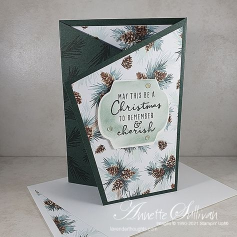 Angled Fold Card with Christmas to Remember – FREE Tutorial – Lavender Thoughts Trifold Christmas Cards Handmade, Arrow Fold Christmas Cards, Stampin Up Tri Fold Cards, Angled Tri Fold Card, Fancy Christmas Cards, Trifold Cards, Card Making Ideas For Beginners, Folded Christmas Cards, Thanksgiving Cards Handmade