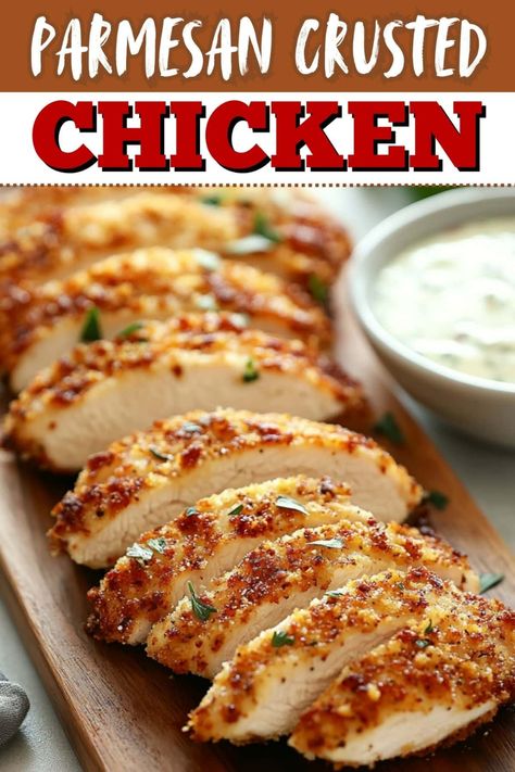 This Parmesan-crusted chicken is juicy and delicious! You start with the skillet and finish it the oven for golden, crispy perfection. Dinner Ideas Oven, Teriyaki Recipes, Chicken Breast Dinner Ideas, Easy Parmesan Crusted Chicken, Baked Parmesan Crusted Chicken, Chicken Oven, Crusted Chicken Recipes, Chicken Receipes, Chicken Casseroles