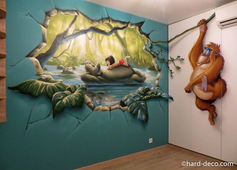 fresque murale graffiti sur le livre de la jungle Disney Wall Murals, Disney Mural, 3d Art Painting, Kids Room Wall Murals, Disney Room Decor, Alice In Wonderland Drawings, Kids Room Murals, Baby Room Themes, Disney Rooms