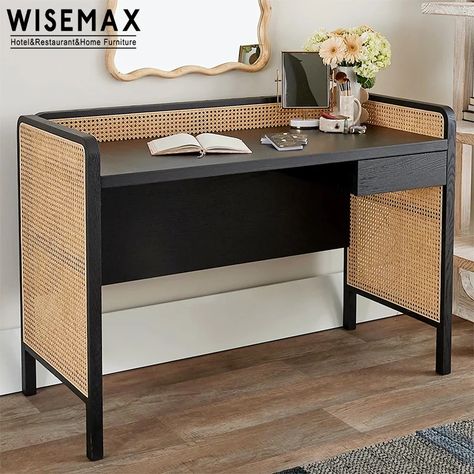 Wisemax Furniture Vintage Style Writing Study Learning Desk Bedroom Rattan Wooden Dressing Table For Home Hotel - Buy Bedroom Dressing Table,Simple Dressing Table,Dressing Table Designs For Bedroom Product on Alibaba.com Rattan Study Table, Desks For Small Rooms, Makeup Table Inspiration, Room Seperator, Cane Desk, Rattan Desk, Simple Dressing Table, Minimalist Vanity, Rolling Desk