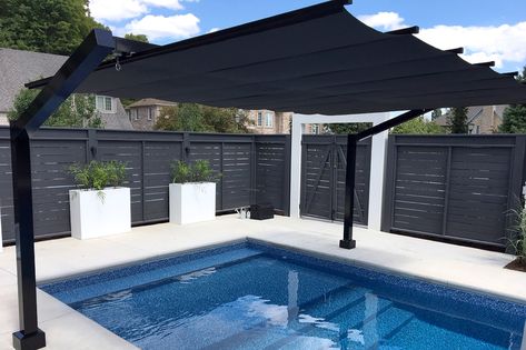 Pool Shade Ideas: 8 Ways to Cover Your Swimming Pool Pool Canopy, Retractable Shade, Pool Shade, Shade Ideas, Outdoor Renovation, Pool Lounger, Retractable Canopy, Backyard Renovations, Backyard Pool Landscaping