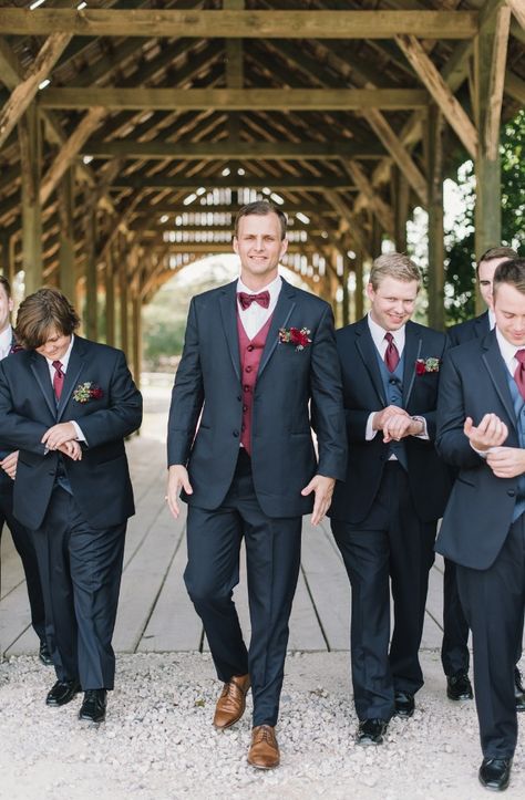 Navy And Burgundy Wedding, Wedding Groomsmen Attire, Burgundy Vest, Vest And Bow Tie, Wedding Tux, Charcoal Suit, Painting Walls, Groom And Groomsmen Attire, Wedding Suits Groom