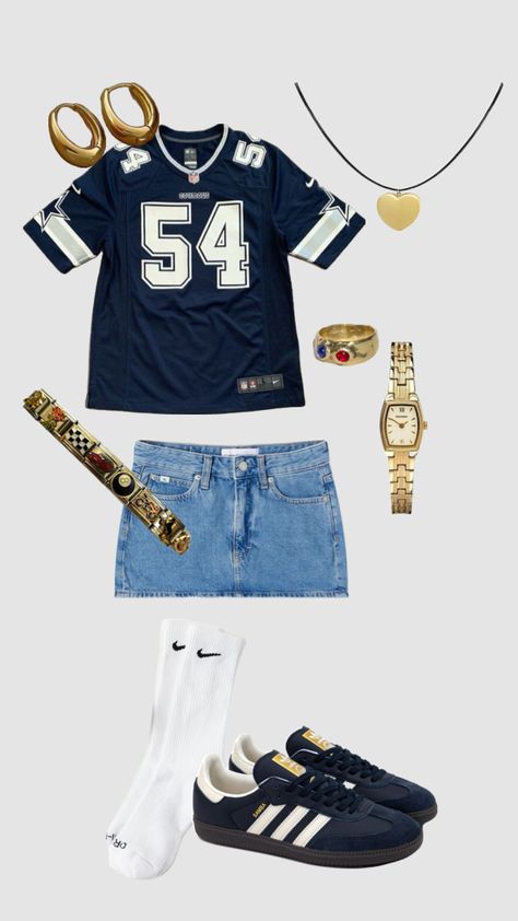 Dallas Cowboys Jersey Outfit, Cowboys Jersey Outfit, Outfit Ideas Coachella, Sza Concert Outfit, Going Out Outfit Ideas, Sambas Outfit, Denim Mini Skirt Outfit, Cowboys Jersey, Dallas Cowboys Jersey