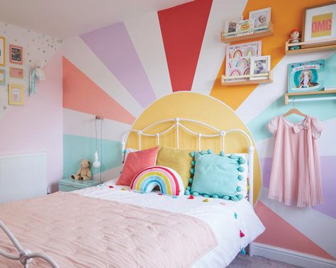 Rainbow Inspired Bedroom, Groovy Toddler Room, Colorful Toddler Room, Colorful Toddler Girl Room, Kids Room Colors, Rainbow Bedroom Ideas Kids, Colorful Girls Room, Kids Room Wall Paint, Colourful Kids Bedroom