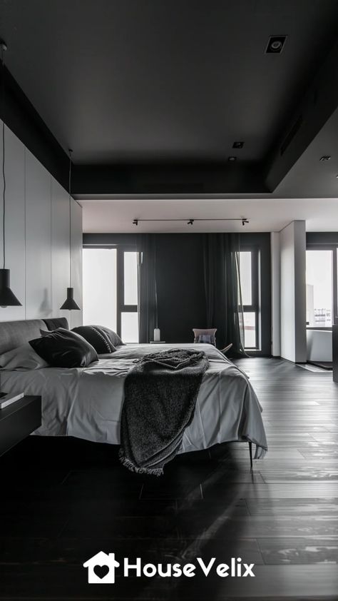 Black Ceiling Black Wood Ceiling Bedroom, Bedroom With Black Ceiling, Dark Ceiling Bedroom, Black Bedroom Ceiling, Bedroom Black Ceiling, Black Ceiling Bedroom, Charcoal Ceiling, Black Ceilings, Black Canopy Bed