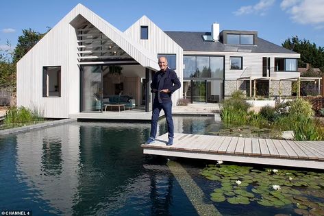 Grand Designs couple build their dream 'floating' home over a swampy pond | Daily Mail Online Grand Designs Uk, Natural Swimming Ponds, Architectural Designer, Structural Insulated Panels, 1930s House, Natural Swimming Pool, Floating House, Chichester, Natural Pool