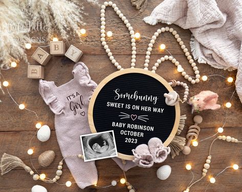 Easter Girl Baby Gender Reveal Social Media, Its a Girl Digital Boho Pregnancy Announcement, Somebunny Sweet On Her Way Letter Board Bunny Easter Baby Announcement, Baby Announcement Digital, Easter Pregnancy Announcement, Boho Easter, Announcement Design, Knitted Outfit, Baby Due Date, Announcement Photos, Boy Gender Reveal