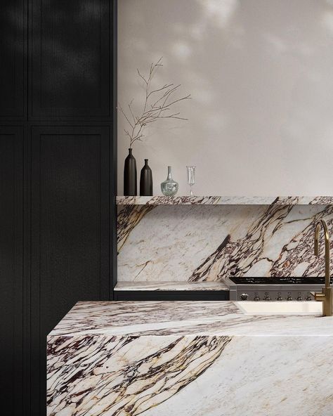 Ollin Stone on Instagram: “Calacatta Viola is a stunning marble, boasting an inviting warm white base with bold and dramatic red and violet veins. It's no surprise…” Marble Countertops Bathroom, Limestone Cladding, Red And Violet, Calacatta Viola Marble, Onyx Tile, Calcutta Marble, Viola Marble, Black White Kitchen, Calacatta Viola