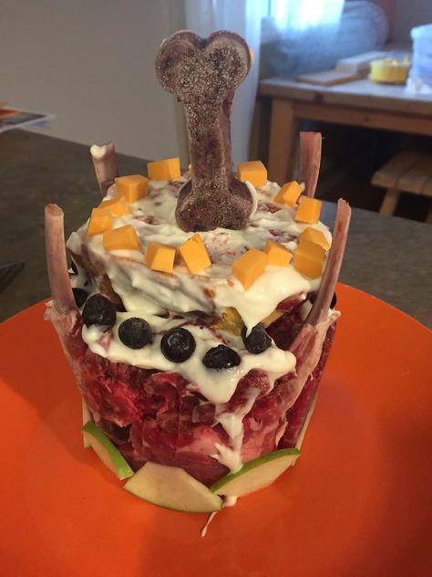 Raw dog cake for our Dogos first birthday  Bison elk beef and lamb with some extras of yogurt fruit and cheese Pup Birthday, Dogs Birthday, Meat And Potatoes, Pet Tips, Dog Birthday Cake, Dog Cakes, Dog Cake, Pet Hacks, Dog Birthday