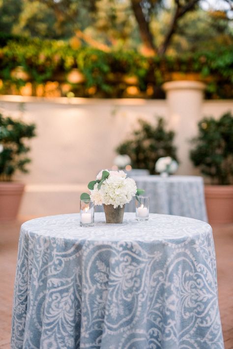 Hydrangea Cocktail Table Centerpiece, Dusty Blue Table Cloth, Blue Tablecloths Wedding, Dusty Blue Tablecloth Wedding, Dusty Blue Cocktail Table, Blue And White Cocktail Table, Watercolor Wedding Decor, Blue Table Cloths Wedding, Powder Blue Wedding Decor