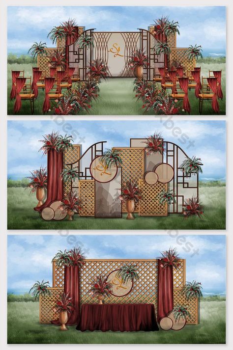 Panggung Outdoor, Outdoor Drawing, Wedding Background Decoration, Wedding Stage Design, Wedding Backdrop Design, Wedding Backdrop Decorations, Traditional Wedding Decor, Hand Painted Wedding, Wedding Decor Style