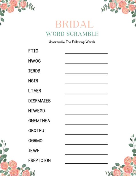 Bridal Shower Word Scramble, Scramble Game, Word Scramble, Game Prices, Let The Fun Begin, Interactive Game, Bridal Shower Theme, Bridal Shower Games, Printable Activities