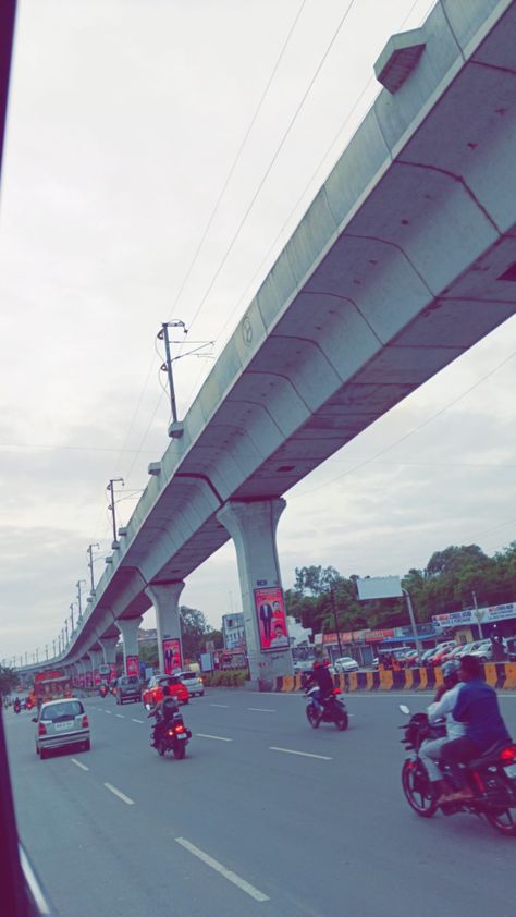 #hyderabad #aesthetic #view #metro Hyderabad Roads Snap, On The Way Road Pics Snapchat, Hyderabad Snaps, Hyderabad Aesthetic, Hyderabad Photography, Aesthetic View, Rainy Day Aesthetic, Hand Pic, Insta Profile