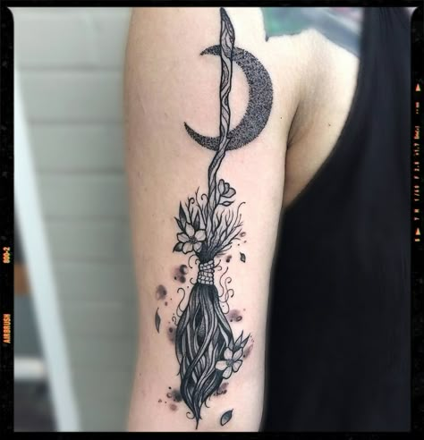 witch Witches Broom Tattoo, Broom Tattoo, Pentacle Tattoo, Wolf Dreamcatcher Tattoo, Sewing Tattoos, Nature Tattoo Ideas, Wiccan Tattoos, Egyptian Tattoo Sleeve, Witches Broom