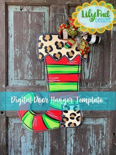 Stocking Door Hanger, Leopard Print Decor, Door Hanger Template, Template Christmas, Wood Door Hangers, Christmas Door Hanger, Christmas Gift Decorations, Christmas Templates, Christmas Door Decorations