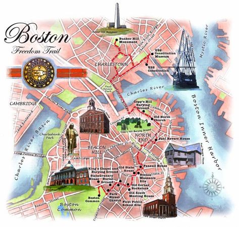 Freedom trail map, Boston Freedom Trail Map, Boston Freedom Trail, Johnny Tremain, Freedom Trail Boston, Boston Attractions, Bunker Hill Monument, Boston Neighborhoods, Boston Map, Boston Vacation