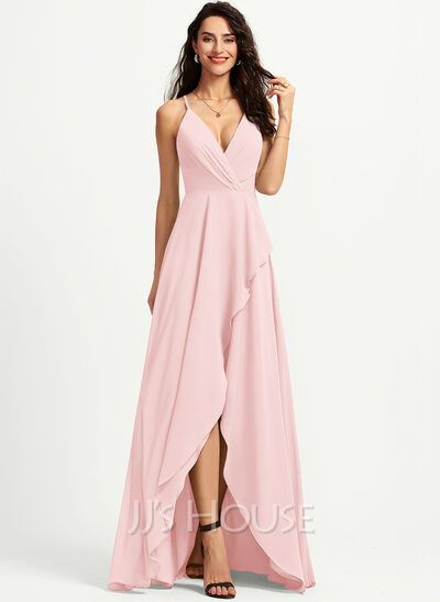 A-Line V-neck Asymmetrical Bridesmaid Dress (007251577) - JJ's House Pink Bridesmaid Dresses Long, Asymmetrical Bridesmaid Dress, Asymmetrical Prom Dress, Dusty Pink Bridesmaid Dresses, Light Pink Bridesmaid Dresses, Plus Size Bridesmaid Dresses, Dusty Rose Bridesmaid Dresses, Bridesmaid Dresses With Sleeves, Chiffon Cocktail Dress