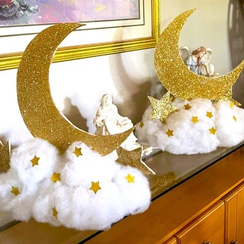 Starry night moons Half Moon Centerpiece, Over The Moon Centerpiece Diy, Diy Moon Decor Party, Moon Themed Centerpieces, Moon And Star Table Centerpieces, Moon Star Cloud Centerpieces, Crescent Moon Centerpiece, Moon And Star Baby Shower Centerpieces, Moon And Stars Party Decorations