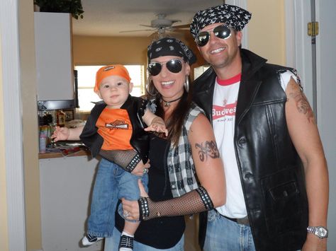 Family Halloween costumes- biker fam Biker Gang Family Costume, Family Biker Halloween Costumes, Biker Dude Halloween Costume, Motorcycle Gang Costume, Biker Party Outfit, Biker Gang Halloween Costumes, Baby Twin Halloween Costumes, Twins Halloween Costumes, Biker Chick Costume