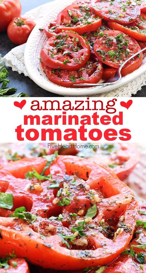 Ripe, juicy tomatoes soak up olive oil, red wine vinegar, onion, garlic, & fresh herbs in Marinated Tomatoes, a zesty summer salad or a versatile side dish! | FiveHeartHome.com #tomatoes Tomatoes Recipes, Salad Kale, Marinated Tomatoes, Tomato Salad Recipes, Juicy Tomatoes, Wine Vinegar, Veggie Side Dishes, Summer Salad, Tomato Recipes