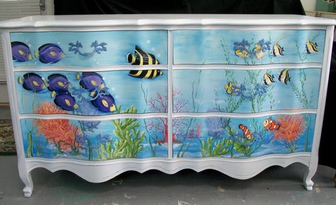 Coastal Rooms, Painted Kids Chairs, Furniture Refurbishing, Painted Dressers, Dresser Ideas, Coastal Room, Palm Trees Painting, Diy Furniture Renovation, Painted Dresser