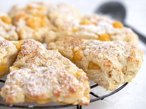 Peaches and Cream Scones - Seasons and Suppers Peaches And Cream Scones, Fruit Scones Recipe, Lemon Poppy Seed Scones, Peach Puff Pastry, Banana Scones, Brown Sugar Peaches, Peach Scones, Peach Bread, Peach Cheesecake