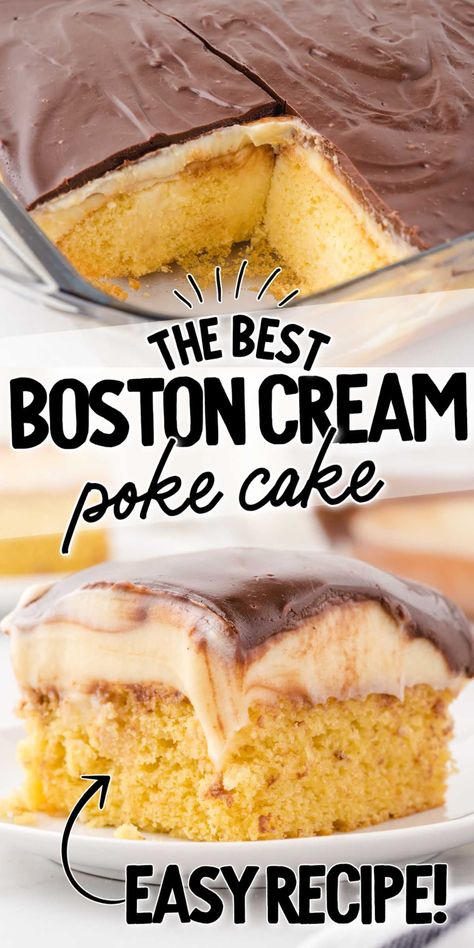 Boston Cream Pie Poke Cake, Cream Poke Cake, Boston Cream Poke Cake, Boston Cream Cake, Rustic Rooms, Yellow Butter Cake, Pudding Poke Cake, Poke Cake Recipe, Boxed Cake Mixes Recipes