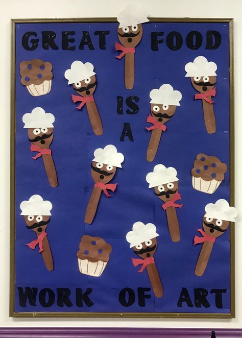 Chefs spoons! We made muffins too for our snack(: #toddlerart #bullitainboards #daycare #preschool Chef Crafts Preschool, Chef Activities For Preschool, Food Preschool Theme, Preschool Food Crafts, Cooking Lesson Plans, Summer Boards, Preschool Food, Preschool Cooking, Culinary Lessons